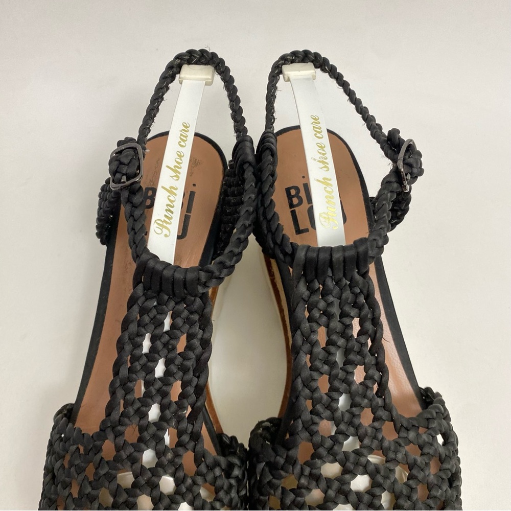 BIBI LOU Platform Sandals 7 - 7.5 / 38 Black Woven Ankle Strap Open Toe Wedge - Picture 8 of 16